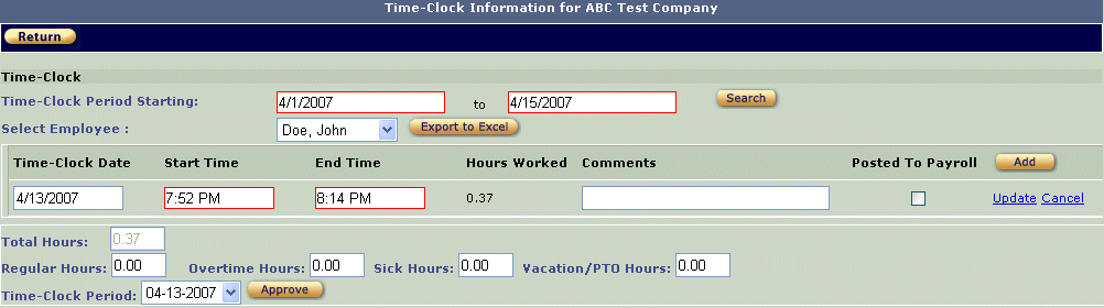 Image of Time Clock edit record